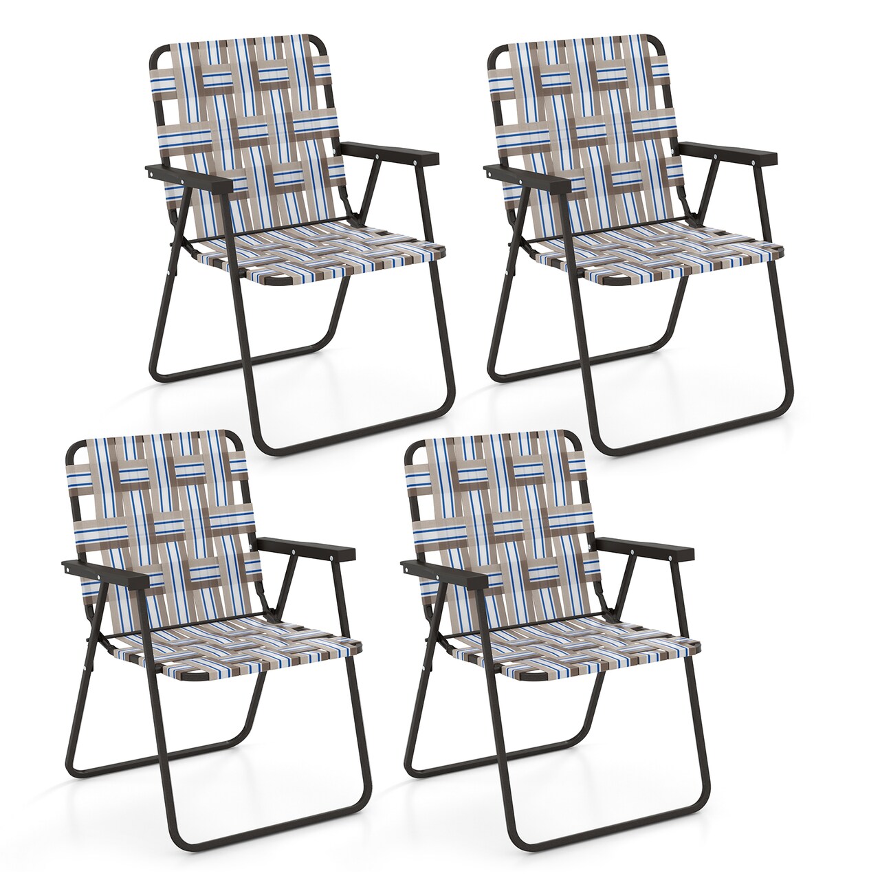 Set of 4 Brown Portable Folding Beach Chair with Steel Frame and Weather-Resistant Webbing for Outdoor Seating